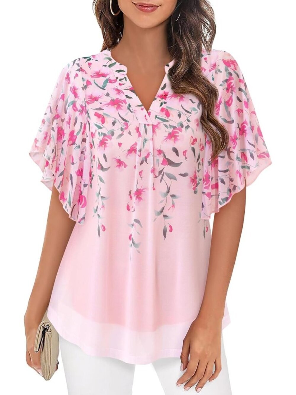 Women's Pink Floral Short Sleeve V Neck Top Blouses Floral Double Layers Shirts - Picture 1 of 5